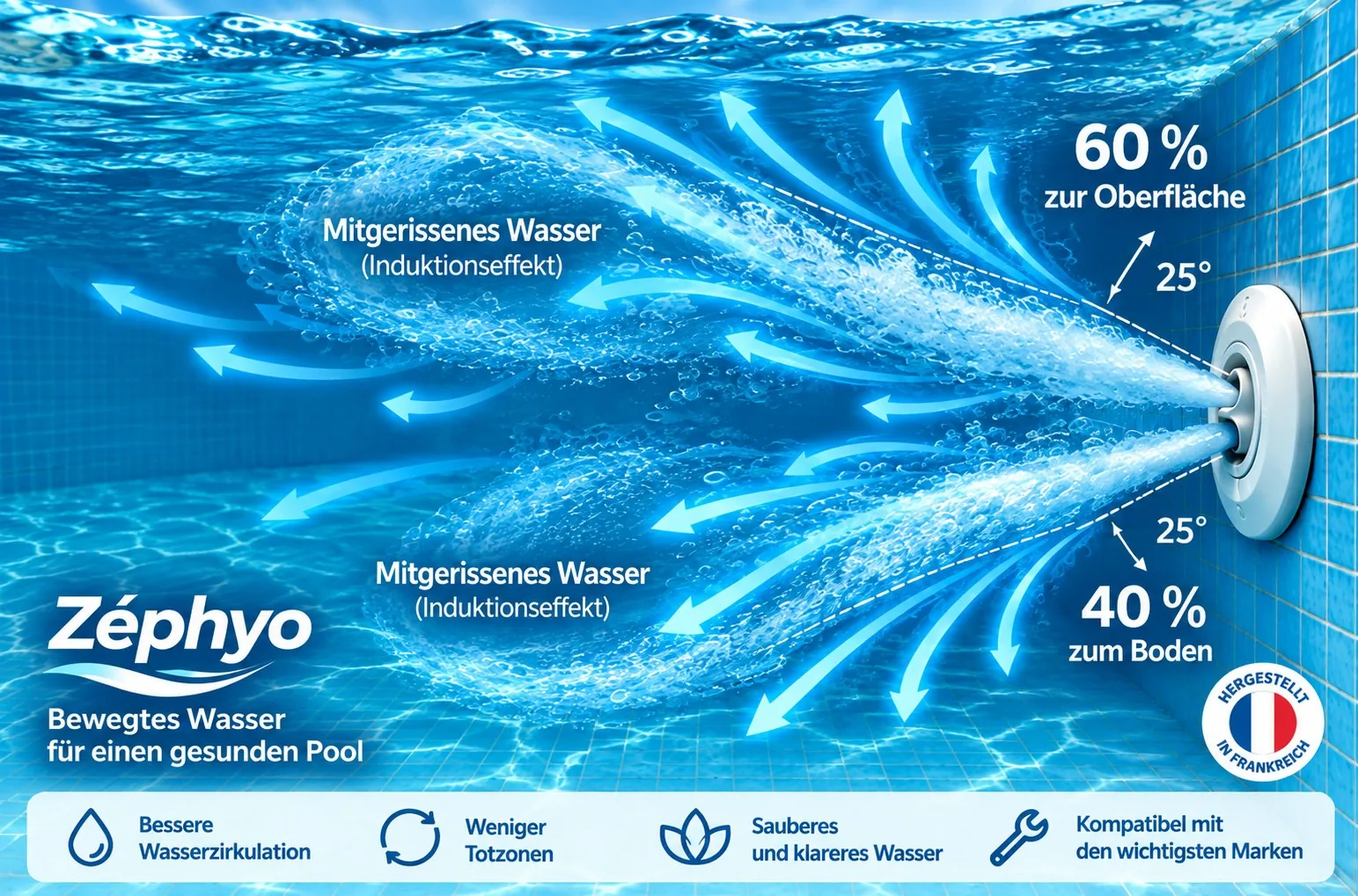 Doppelstrom-Einlaufdüse mit Zéphyo-Kugelgelenk, in einer Poolwand montiert