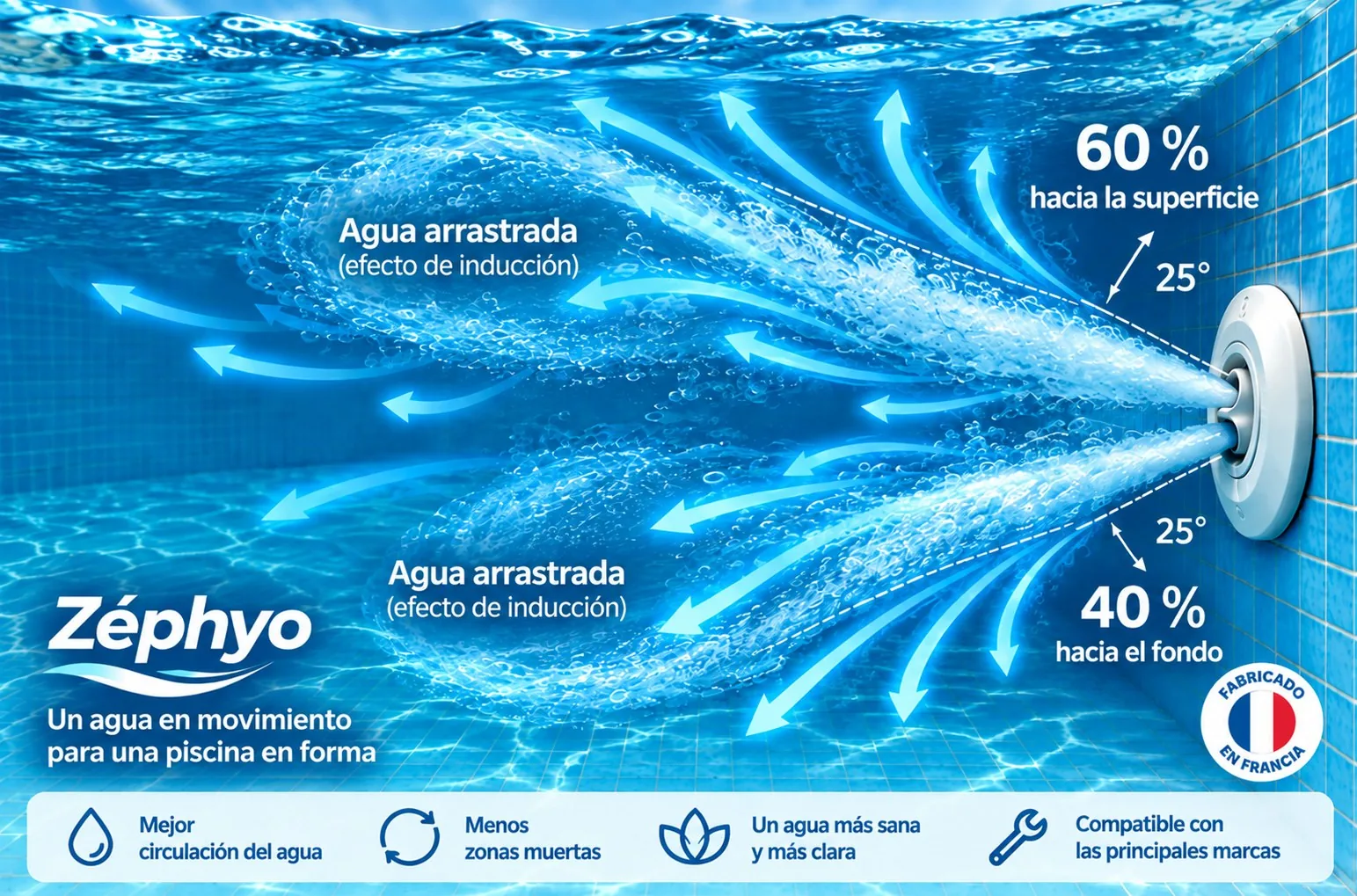 Boquilla de impulsión Doble flujo con rótula Zéphyo, instalada en una pared de piscina
