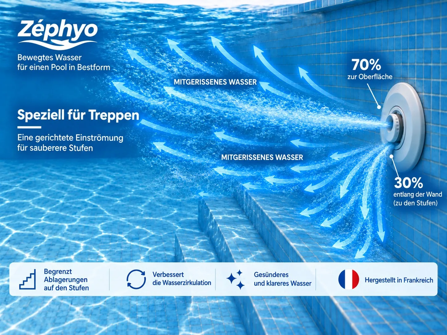 Treppenbereich-Einlaufdüse mit Zéphyo-Kugelgelenk, in einer Poolwand montiert