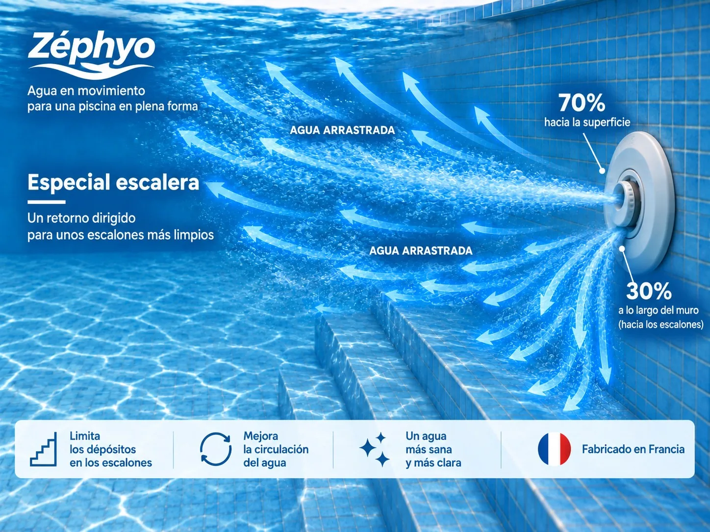 Boquilla de impulsión Escalera con rótula Zéphyo, instalada en una pared de piscina